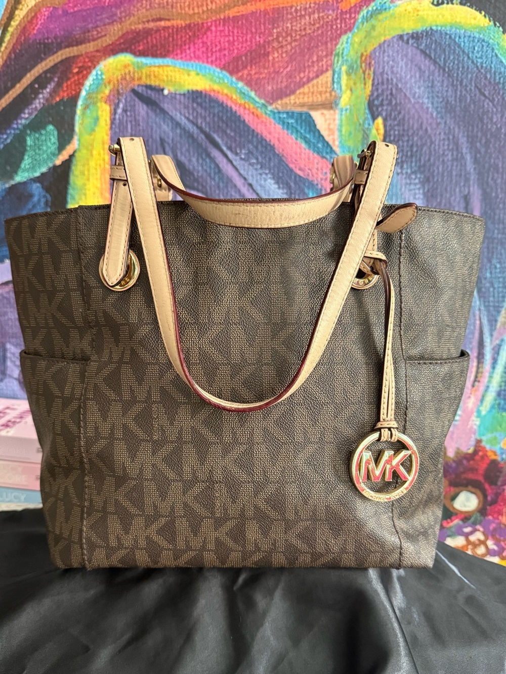 Michael Kors Brown MK Logo Tote with Tan Handles